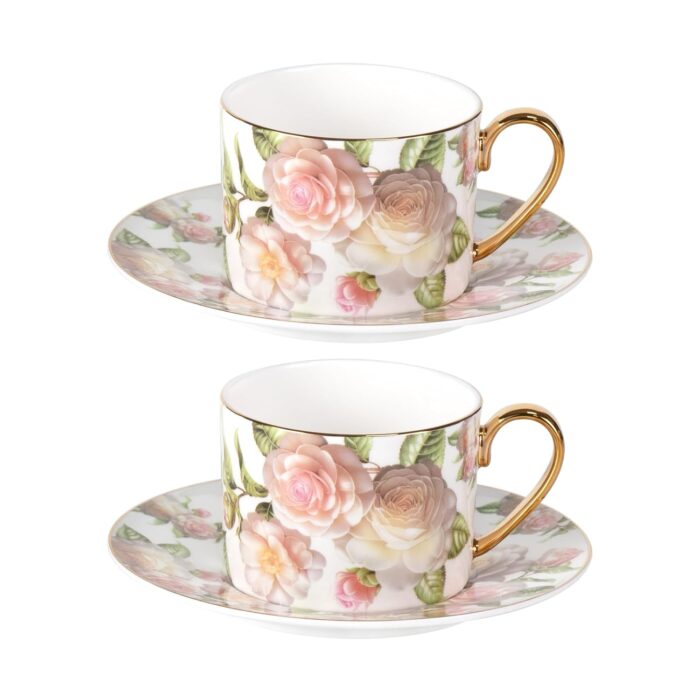 KAMMAK Tea Cups and Saucers Set of 2, Fine Bone China Coffee Cups, Stackable Espresso Mugs, Ceramic Demitasse for Coffee, Cappuccino, Latte, Americano, Tea, White Rose