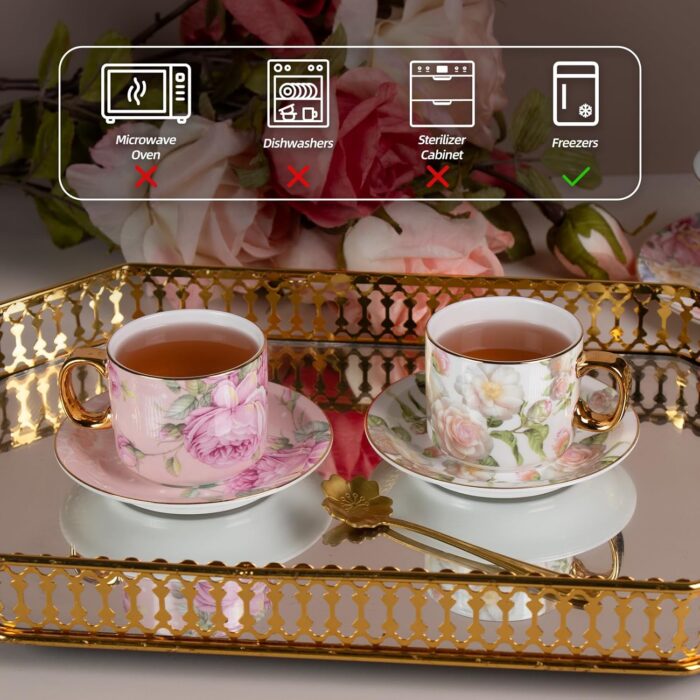 KAMMAK Tea Cups and Saucers Set of 2, Fine Bone China Coffee Cups, Stackable Espresso Mugs, Ceramic Demitasse for Coffee, Cappuccino, Latte, Americano, Tea, White Rose + Beauty...