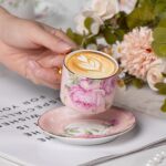 KAMMAK Tea Cups and Saucers Set of 2, Fine Bone China Coffee Cups, Stackable Espresso Mugs, Ceramic Demitasse for Coffee, Cappuccino, Latte, Americano, Tea, White Rose + Beauty...