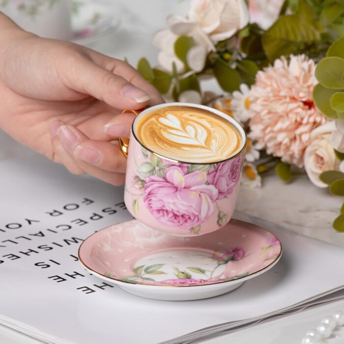 KAMMAK Tea Cups and Saucers Set of 2, Fine Bone China Coffee Cups, Stackable Espresso Mugs, Ceramic Demitasse for Coffee, Cappuccino, Latte, Americano, Tea, White Rose + Beauty...