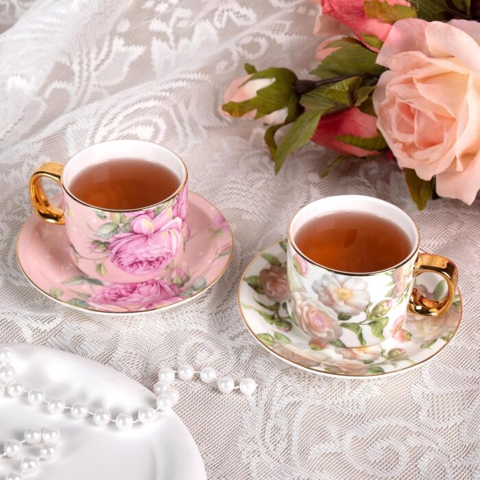 KAMMAK Tea Cups and Saucers Set of 2, Fine Bone China Coffee Cups, Stackable Espresso Mugs, Ceramic Demitasse for Coffee, Cappuccino, Latte, Americano, Tea, White Rose + Beauty...
