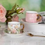 KAMMAK Tea Cups and Saucers Set of 2, Fine Bone China Coffee Cups, Stackable Espresso Mugs, Ceramic Demitasse for Coffee, Cappuccino, Latte, Americano, Tea, White Rose + Beauty...