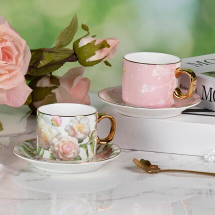 KAMMAK Tea Cups and Saucers Set of 2, Fine Bone China Coffee Cups, Stackable Espresso Mugs, Ceramic Demitasse for Coffee, Cappuccino, Latte, Americano, Tea, White Rose + Beauty...