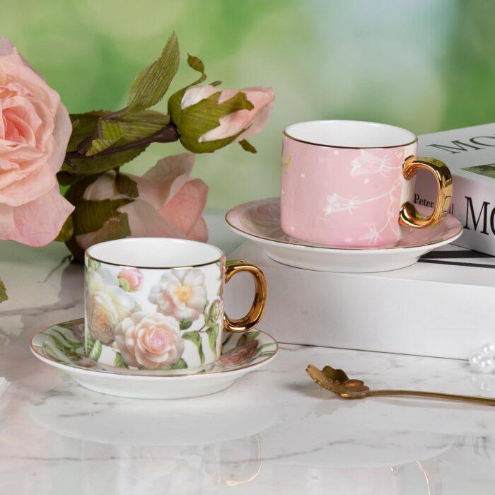 KAMMAK Tea Cups and Saucers Set of 2, Fine Bone China Coffee Cups, Stackable Espresso Mugs, Ceramic Demitasse for Coffee, Cappuccino, Latte, Americano, Tea, White Rose + Beauty... KAMMAK Tea Cups and Saucers Set of 2, Fine Bone China Coffee Cups, Stackable Espresso Mugs, Ceramic Demitasse for Coffee, Cappuccino, Latte, Americano, Tea, White Rose + Beauty...