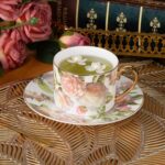 KAMMAK Tea Cups and Saucers Set of 2, Fine Bone China Coffee Cups, Stackable Espresso Mugs, Ceramic Demitasse for Coffee, Cappuccino, Latte, Americano, Tea, White Rose