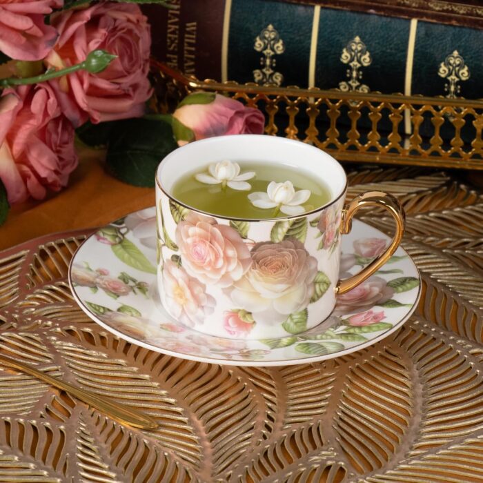 KAMMAK Tea Cups and Saucers Set of 2, Fine Bone China Coffee Cups, Stackable Espresso Mugs, Ceramic Demitasse for Coffee, Cappuccino, Latte, Americano, Tea, White Rose