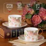 KAMMAK Tea Cups and Saucers Set of 2, Fine Bone China Coffee Cups, Stackable Espresso Mugs, Ceramic Demitasse for Coffee, Cappuccino, Latte, Americano, Tea, White Rose