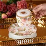 KAMMAK Tea Cups and Saucers Set of 2, Fine Bone China Coffee Cups, Stackable Espresso Mugs, Ceramic Demitasse for Coffee, Cappuccino, Latte, Americano, Tea, White Rose