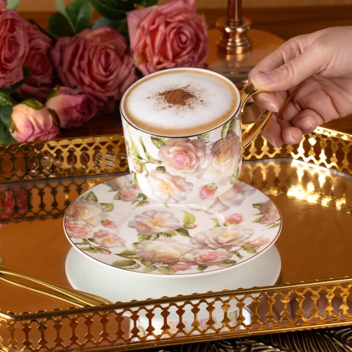 KAMMAK Tea Cups and Saucers Set of 2, Fine Bone China Coffee Cups, Stackable Espresso Mugs, Ceramic Demitasse for Coffee, Cappuccino, Latte, Americano, Tea, White Rose