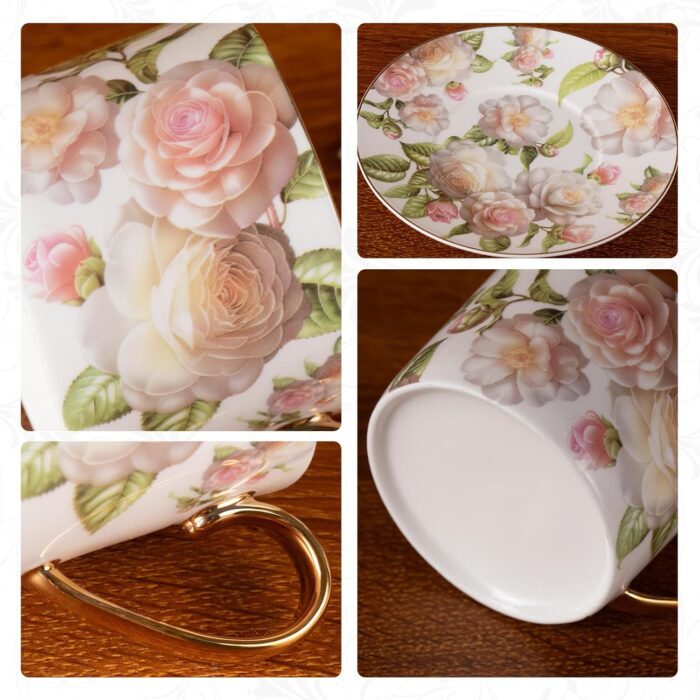 KAMMAK Tea Cups and Saucers Set of 2, Fine Bone China Coffee Cups, Stackable Espresso Mugs, Ceramic Demitasse for Coffee, Cappuccino, Latte, Americano, Tea, White Rose