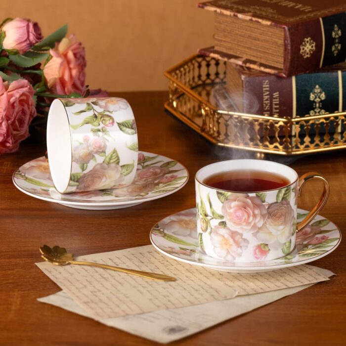 KAMMAK Tea Cups and Saucers Set of 2, Fine Bone China Coffee Cups, Stackable Espresso Mugs, Ceramic Demitasse for Coffee, Cappuccino, Latte, Americano, Tea, White Rose