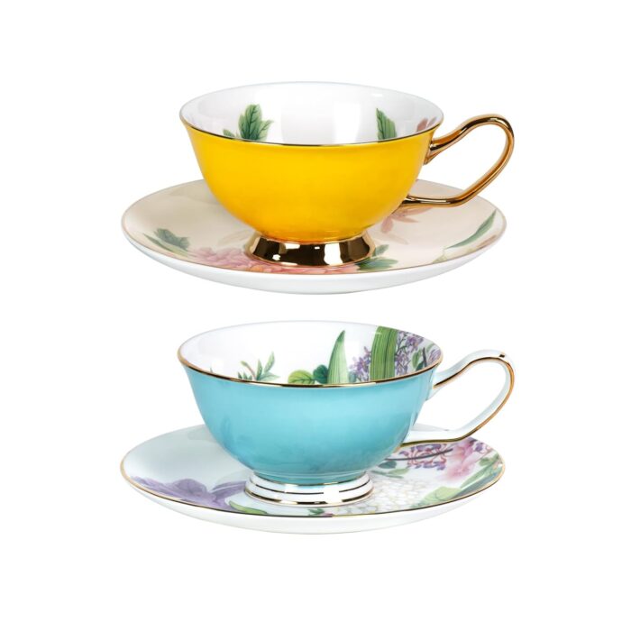 KAMMAK Tea Cups and Saucers Set of 2, Fine Bone China Coffee Cups, Stackable Espresso Mugs, Ceramic Demitasse for Coffee, Cappuccino, Latte, Americano, Tea, Peony + Hydrangea