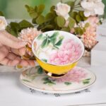 KAMMAK Tea Cups and Saucers Set of 2, Fine Bone China Coffee Cups, Stackable Espresso Mugs, Ceramic Demitasse for Coffee, Cappuccino, Latte, Americano, Tea, Peony + Hydrangea