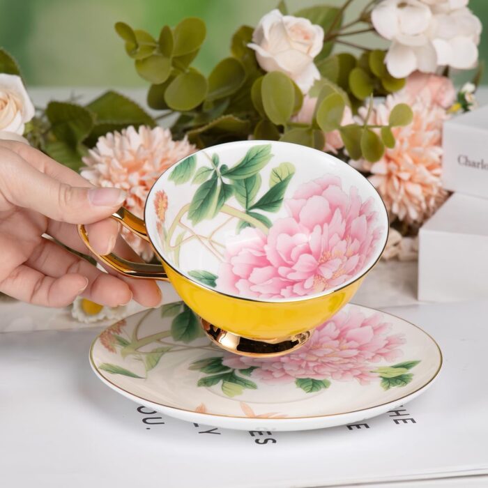 KAMMAK Tea Cups and Saucers Set of 2, Fine Bone China Coffee Cups, Stackable Espresso Mugs, Ceramic Demitasse for Coffee, Cappuccino, Latte, Americano, Tea, Peony + Hydrangea