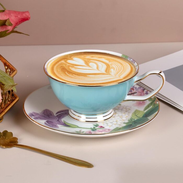 KAMMAK Tea Cups and Saucers Set of 2, Fine Bone China Coffee Cups, Stackable Espresso Mugs, Ceramic Demitasse for Coffee, Cappuccino, Latte, Americano, Tea, Peony + Hydrangea