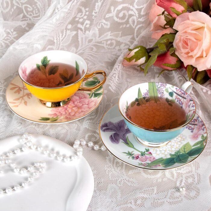 KAMMAK Tea Cups and Saucers Set of 2, Fine Bone China Coffee Cups, Stackable Espresso Mugs, Ceramic Demitasse for Coffee, Cappuccino, Latte, Americano, Tea, Peony + Hydrangea
