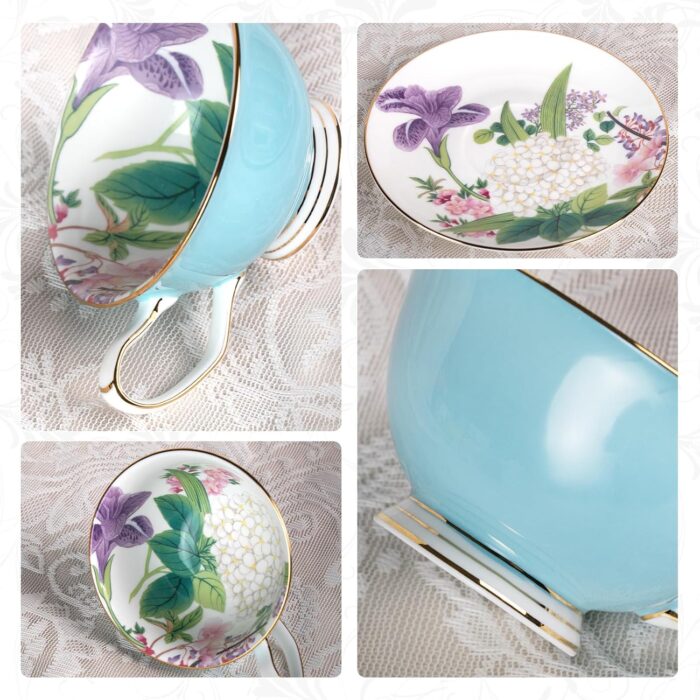 KAMMAK Tea Cups and Saucers Set of 2, Fine Bone China Coffee Cups, Stackable Espresso Mugs, Ceramic Demitasse for Coffee, Cappuccino, Latte, Americano, Tea, Peony + Hydrangea
