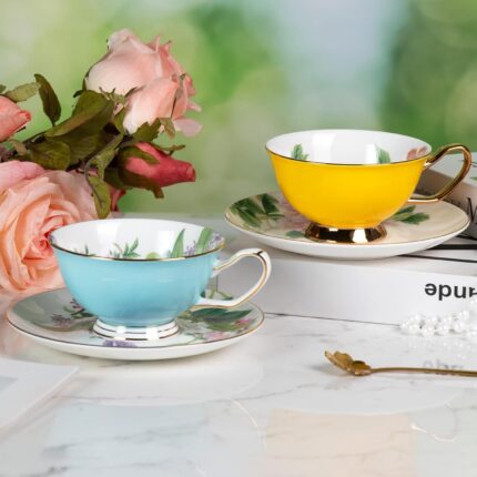 KAMMAK Tea Cups and Saucers Set of 2, Fine Bone China Coffee Cups, Stackable Espresso Mugs, Ceramic Demitasse for Coffee, Cappuccino, Latte, Americano, Tea, Peony + Hydrangea