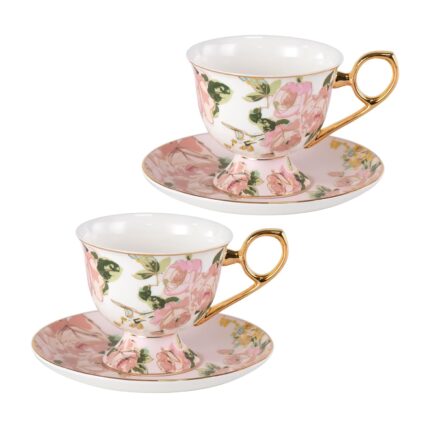 KAMMAK Tea Cups and Saucers Set of 2, Fine Bone China Coffee Cups, Stackable Espresso Mugs, Ceramic Demitasse for Coffee, Cappuccino, Latte, Americano, Tea, Wild Rose