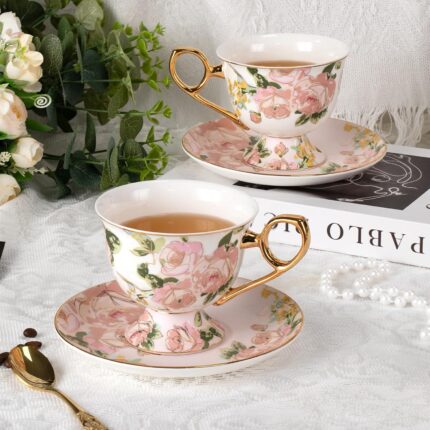 KAMMAK Tea Cups and Saucers Set of 2, Fine Bone China Coffee Cups, Stackable Espresso Mugs, Ceramic Demitasse for Coffee, Cappuccino, Latte, Americano, Tea, Wild Rose