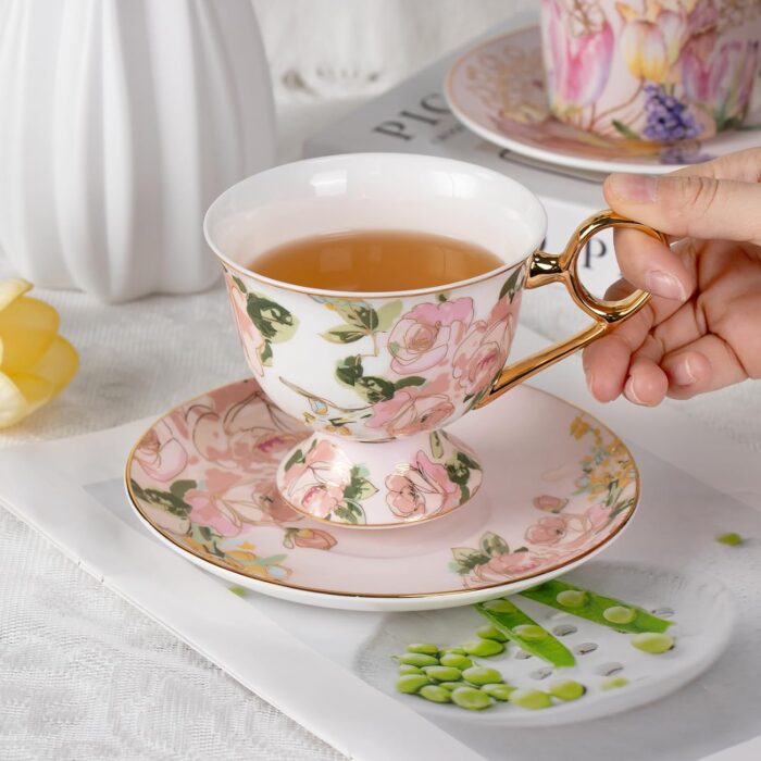 KAMMAK Tea Cups and Saucers Set of 2, Fine Bone China Coffee Cups, Stackable Espresso Mugs, Ceramic Demitasse for Coffee, Cappuccino, Latte, Americano, Tea, Wild Rose