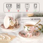 KAMMAK Tea Cups and Saucers Set of 2, Fine Bone China Coffee Cups, Stackable Espresso Mugs, Ceramic Demitasse for Coffee, Cappuccino, Latte, Americano, Tea, Wild Rose