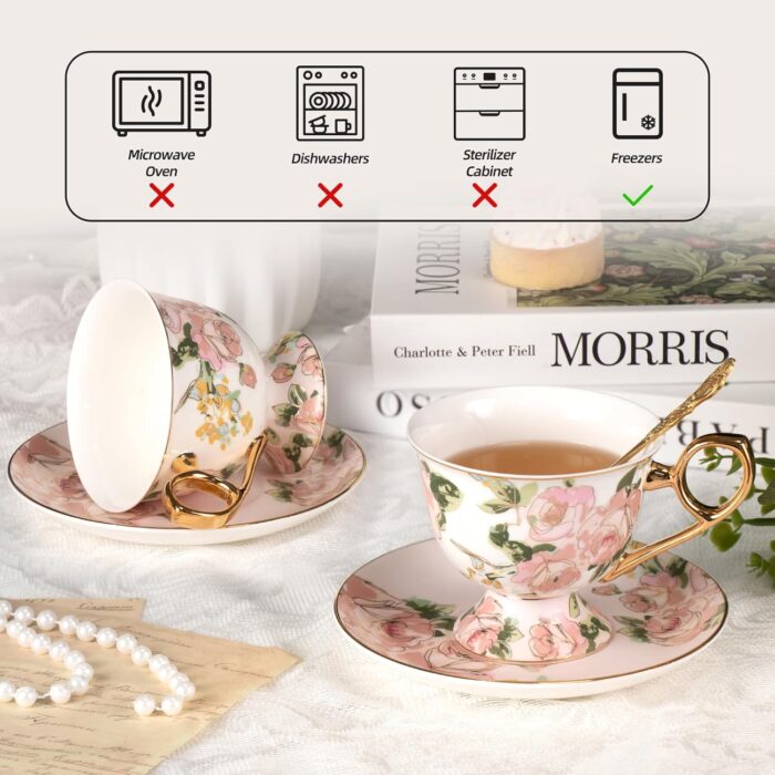 KAMMAK Tea Cups and Saucers Set of 2, Fine Bone China Coffee Cups, Stackable Espresso Mugs, Ceramic Demitasse for Coffee, Cappuccino, Latte, Americano, Tea, Wild Rose