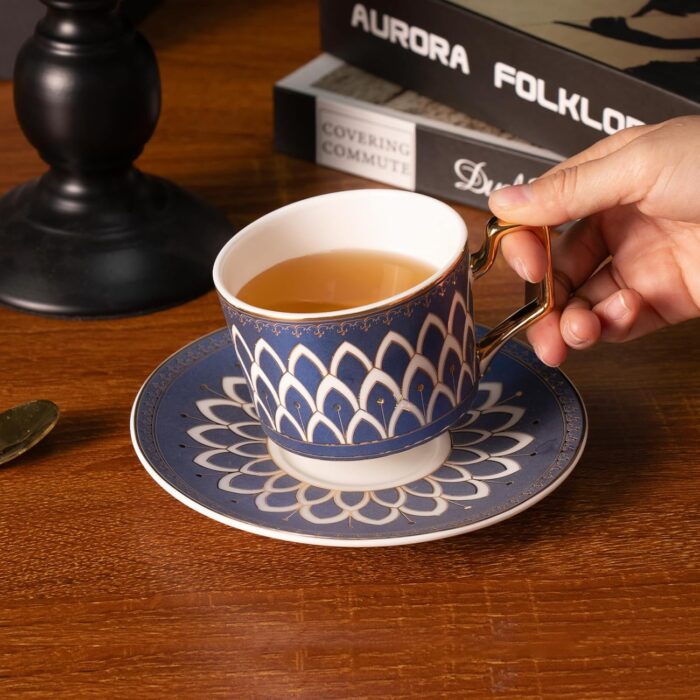 KAMMAK Tea Cups and Saucers Set of 2, Fine Bone China Coffee Cups, Stackable Espresso Mugs, Ceramic Demitasse for Coffee, Cappuccino, Latte, Americano, Tea, Matte Blue