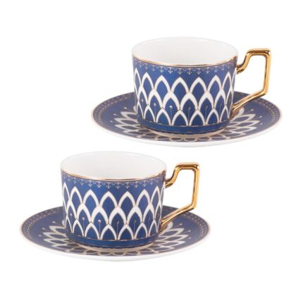 KAMMAK Tea Cups and Saucers Set of 2, Fine Bone China Coffee Cups, Stackable Espresso Mugs, Ceramic Demitasse for Coffee, Cappuccino, Latte, Americano, Tea, Matte Blue