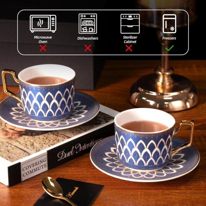 KAMMAK Tea Cups and Saucers Set of 2, Fine Bone China Coffee Cups, Stackable Espresso Mugs, Ceramic Demitasse for Coffee, Cappuccino, Latte, Americano, Tea, Matte Blue