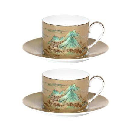 KAMMAK Tea Cups and Saucers Set of 2, Fine Bone China Coffee Cups, Stackable Espresso Mugs, Ceramic Demitasse for Coffee, Cappuccino, Latte, Americano, Tea, Large - River and...