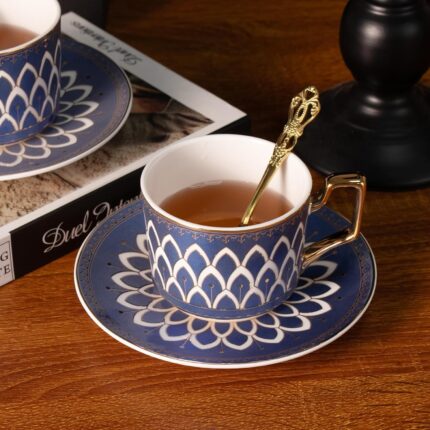 KAMMAK Tea Cups and Saucers Set of 2, Fine Bone China Coffee Cups, Stackable Espresso Mugs, Ceramic Demitasse for Coffee, Cappuccino, Latte, Americano, Tea, Matte Blue