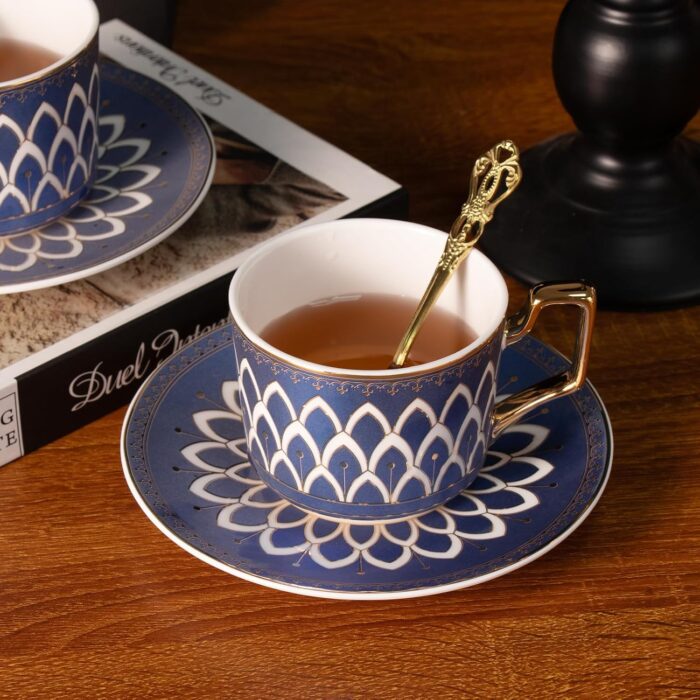KAMMAK Tea Cups and Saucers Set of 2, Fine Bone China Coffee Cups, Stackable Espresso Mugs, Ceramic Demitasse for Coffee, Cappuccino, Latte, Americano, Tea, Matte Blue KAMMAK Tea Cups and Saucers Set of 2, Fine Bone China Coffee Cups, Stackable Espresso Mugs, Ceramic Demitasse for Coffee, Cappuccino, Latte, Americano, Tea, Matte Blue