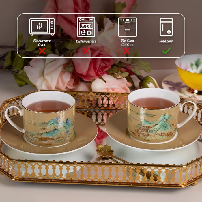 KAMMAK Tea Cups and Saucers Set of 2, Fine Bone China Coffee Cups, Stackable Espresso Mugs, Ceramic Demitasse for Coffee, Cappuccino, Latte, Americano, Tea, Large - River and...