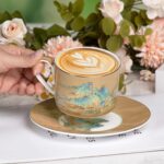 KAMMAK Tea Cups and Saucers Set of 2, Fine Bone China Coffee Cups, Stackable Espresso Mugs, Ceramic Demitasse for Coffee, Cappuccino, Latte, Americano, Tea, Large - River and...
