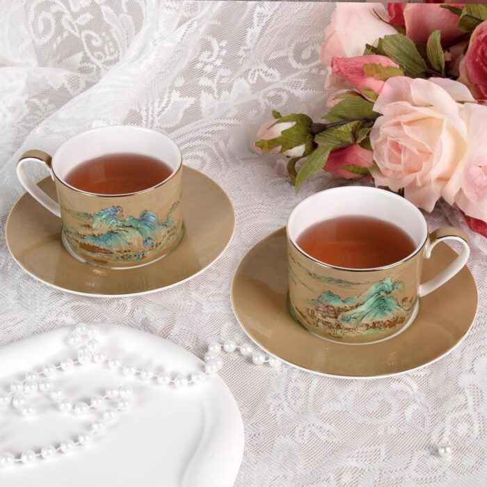 KAMMAK Tea Cups and Saucers Set of 2, Fine Bone China Coffee Cups, Stackable Espresso Mugs, Ceramic Demitasse for Coffee, Cappuccino, Latte, Americano, Tea, Large - River and...