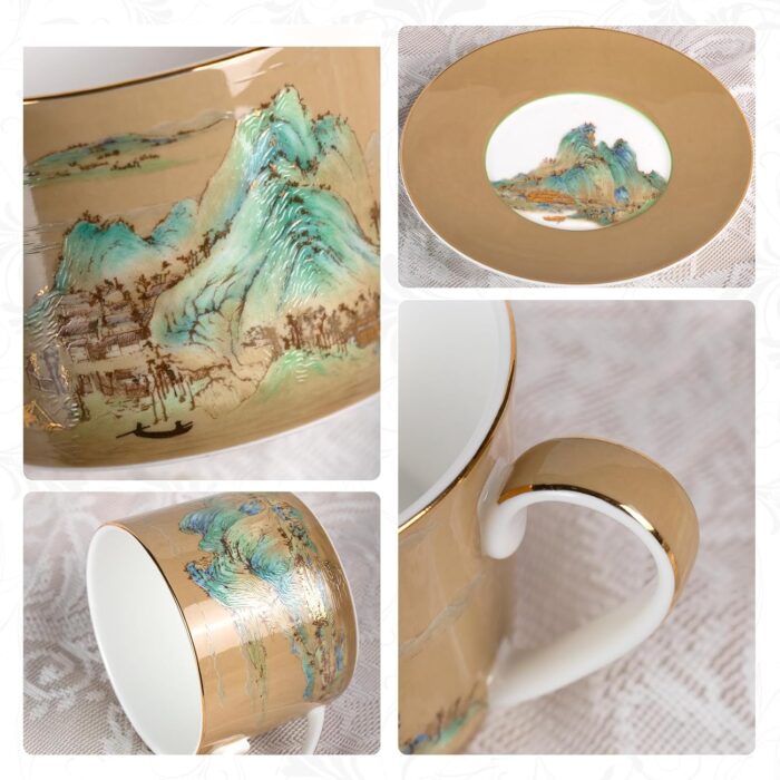 KAMMAK Tea Cups and Saucers Set of 2, Fine Bone China Coffee Cups, Stackable Espresso Mugs, Ceramic Demitasse for Coffee, Cappuccino, Latte, Americano, Tea, Large - River and...