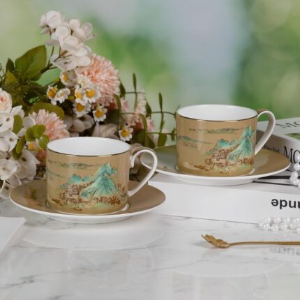 KAMMAK Tea Cups and Saucers Set of 2, Fine Bone China Coffee Cups, Stackable Espresso Mugs, Ceramic Demitasse for Coffee, Cappuccino, Latte, Americano, Tea, Large - River and...