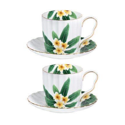 KAMMAK Tea Cups and Saucers Set of 2, Fine Bone China Coffee Cups, Stackable Espresso Mugs, Ceramic Demitasse for Coffee, Cappuccino, Latte, Americano, Tea, Green Leaf Frangipani