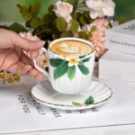 KAMMAK Tea Cups and Saucers Set of 2, Fine Bone China Coffee Cups, Stackable Espresso Mugs, Ceramic Demitasse for Coffee, Cappuccino, Latte, Americano, Tea, Green Leaf Frangipani