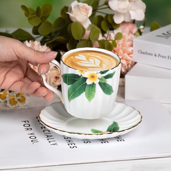 KAMMAK Tea Cups and Saucers Set of 2, Fine Bone China Coffee Cups, Stackable Espresso Mugs, Ceramic Demitasse for Coffee, Cappuccino, Latte, Americano, Tea, Green Leaf Frangipani