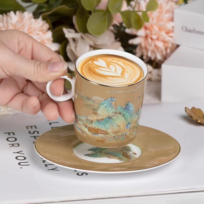 KAMMAK Tea Cups and Saucers Set of 2, Fine Bone China Coffee Cups, Stackable Espresso Mugs, Ceramic Demitasse for Coffee, Cappuccino, Latte, Americano, Tea, Small - River and...