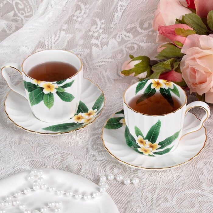 KAMMAK Tea Cups and Saucers Set of 2, Fine Bone China Coffee Cups, Stackable Espresso Mugs, Ceramic Demitasse for Coffee, Cappuccino, Latte, Americano, Tea, Green Leaf Frangipani