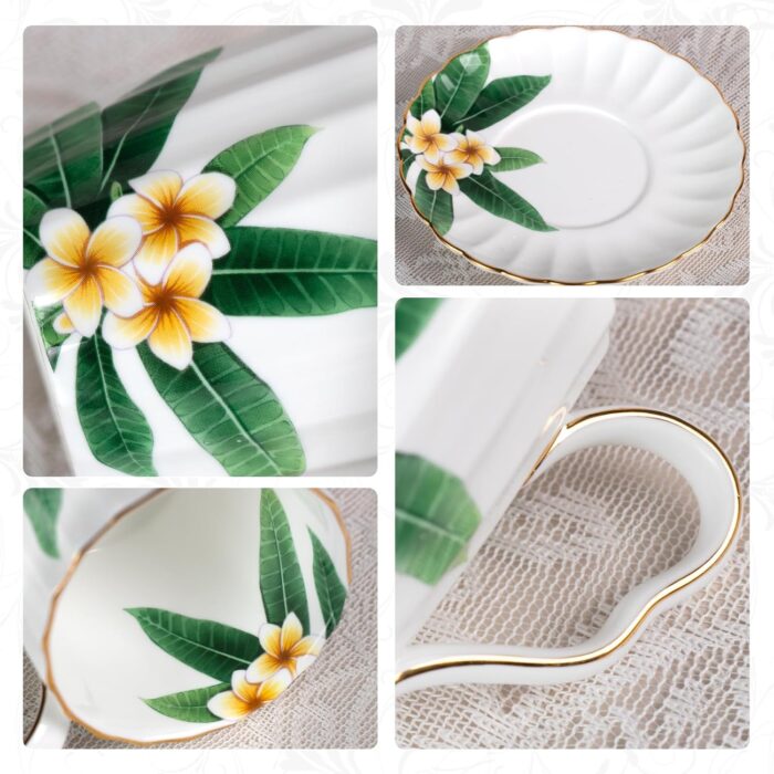 KAMMAK Tea Cups and Saucers Set of 2, Fine Bone China Coffee Cups, Stackable Espresso Mugs, Ceramic Demitasse for Coffee, Cappuccino, Latte, Americano, Tea, Green Leaf Frangipani