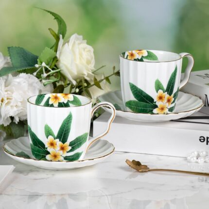 KAMMAK Tea Cups and Saucers Set of 2, Fine Bone China Coffee Cups, Stackable Espresso Mugs, Ceramic Demitasse for Coffee, Cappuccino, Latte, Americano, Tea, Green Leaf Frangipani
