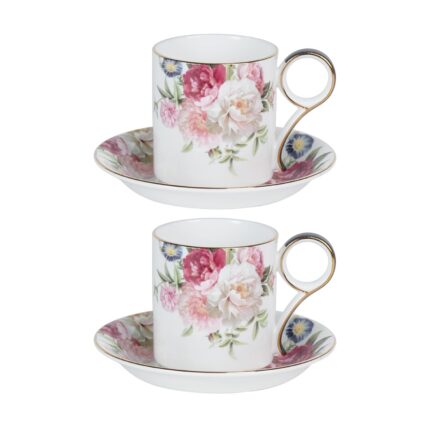 KAMMAK Tea Cups and Saucers Set of 2, Fine Bone China Coffee Cups, Stackable Espresso Mugs, Ceramic Demitasse for Coffee, Cappuccino, Latte, Americano, Tea, Gray