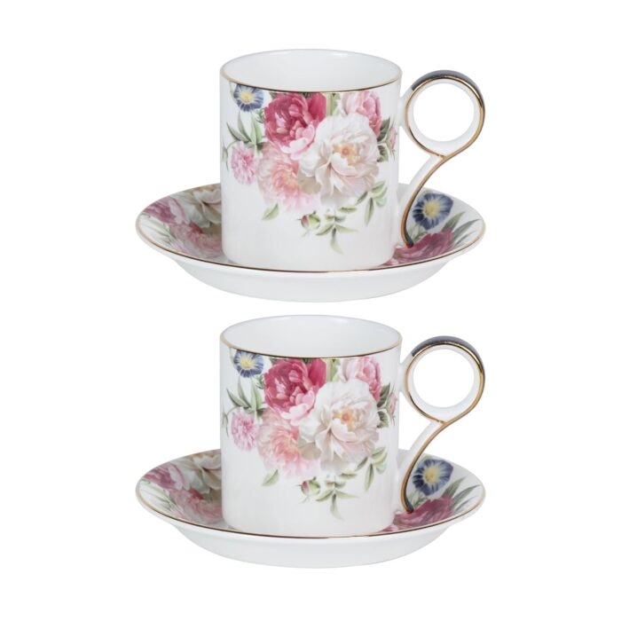 KAMMAK Tea Cups and Saucers Set of 2, Fine Bone China Coffee Cups, Stackable Espresso Mugs, Ceramic Demitasse for Coffee, Cappuccino, Latte, Americano, Tea, Gray