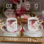 KAMMAK Tea Cups and Saucers Set of 2, Fine Bone China Coffee Cups, Stackable Espresso Mugs, Ceramic Demitasse for Coffee, Cappuccino, Latte, Americano, Tea, Gray
