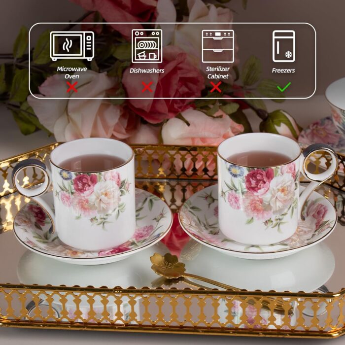 KAMMAK Tea Cups and Saucers Set of 2, Fine Bone China Coffee Cups, Stackable Espresso Mugs, Ceramic Demitasse for Coffee, Cappuccino, Latte, Americano, Tea, Gray