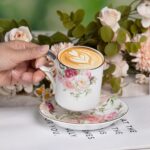 KAMMAK Tea Cups and Saucers Set of 2, Fine Bone China Coffee Cups, Stackable Espresso Mugs, Ceramic Demitasse for Coffee, Cappuccino, Latte, Americano, Tea, Gray